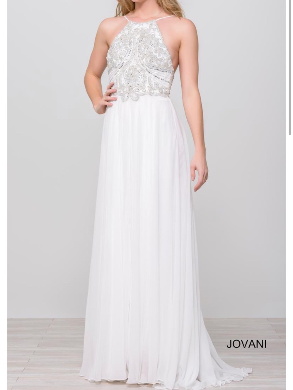 Jovani 92605 White Beaded Halter Chiffon Evening Dress
